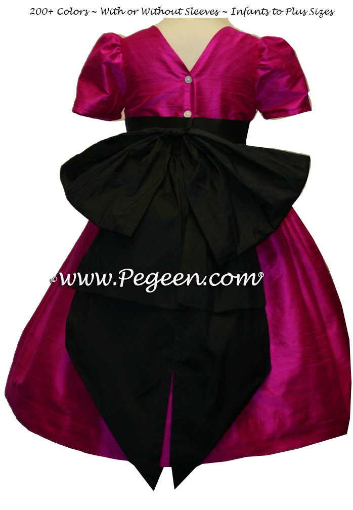 Flower girl dresses in raspberry pink and black silk | Pegeen
