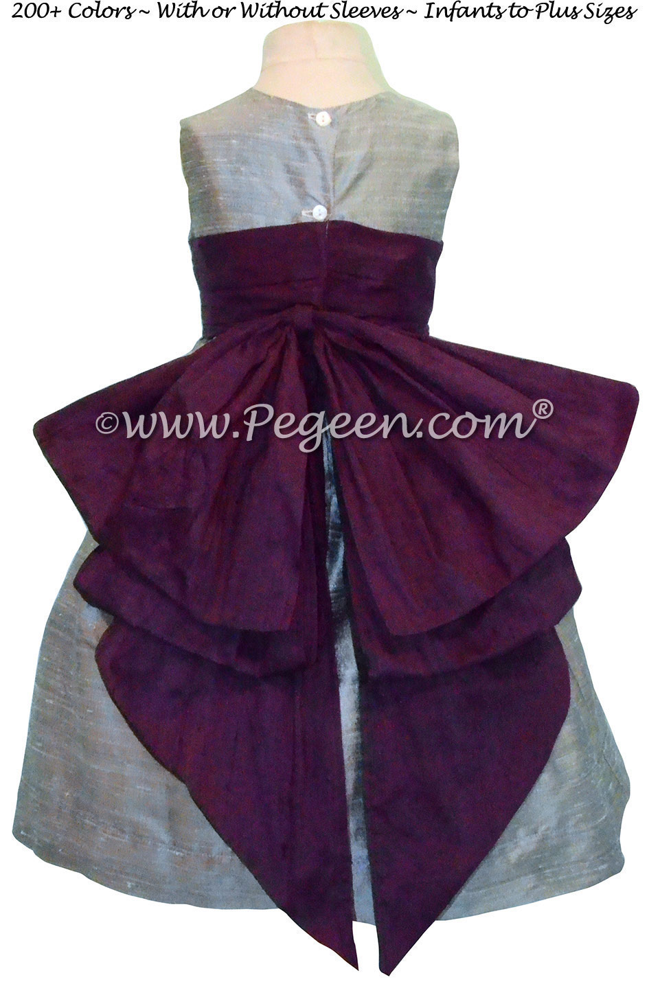 Silver Gray and Eggplant Silk Cinderella Style Bow FLOWER GIRL DRESSES