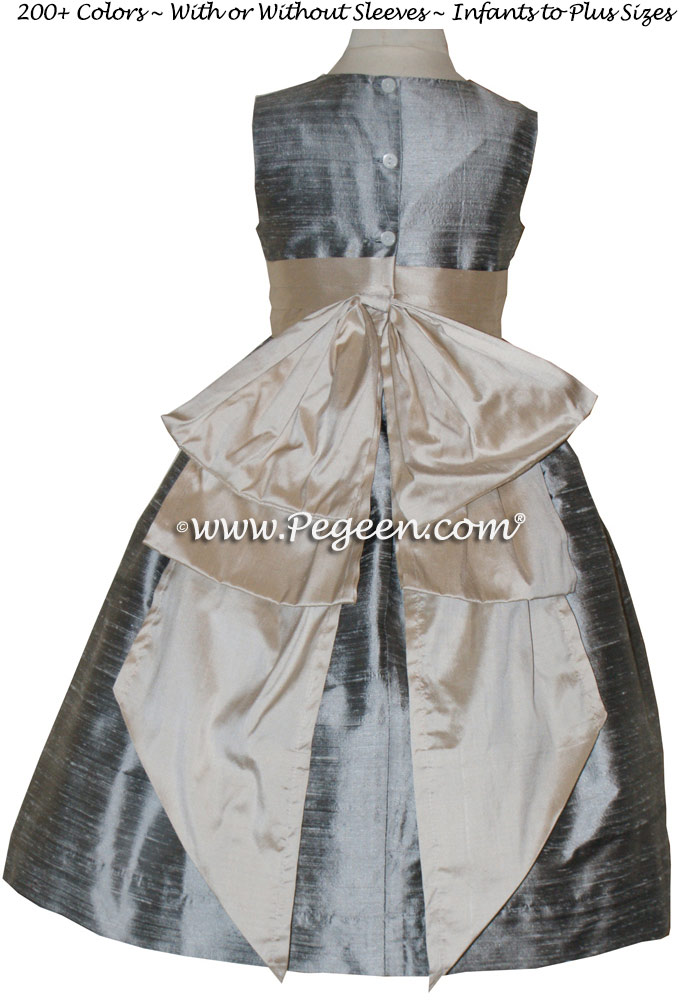 Silver Grey and Bisque silk flower girl dresses
