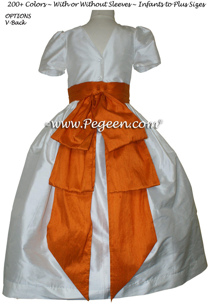 Flower Girl Dresses Tangerine Orange and Antique White Silk Style 345 | Pegeen
