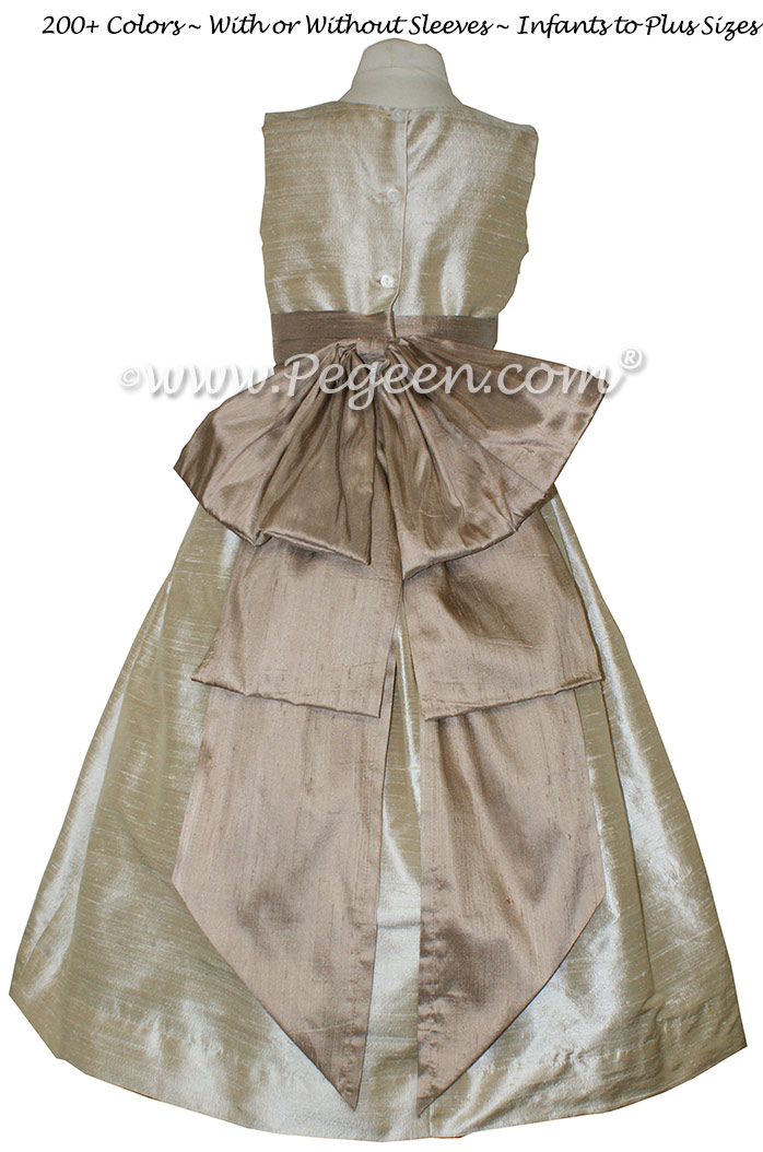 Wheat and Antigua Taupe flower girl dresses with Silk Cinderella Style Bow Style 345