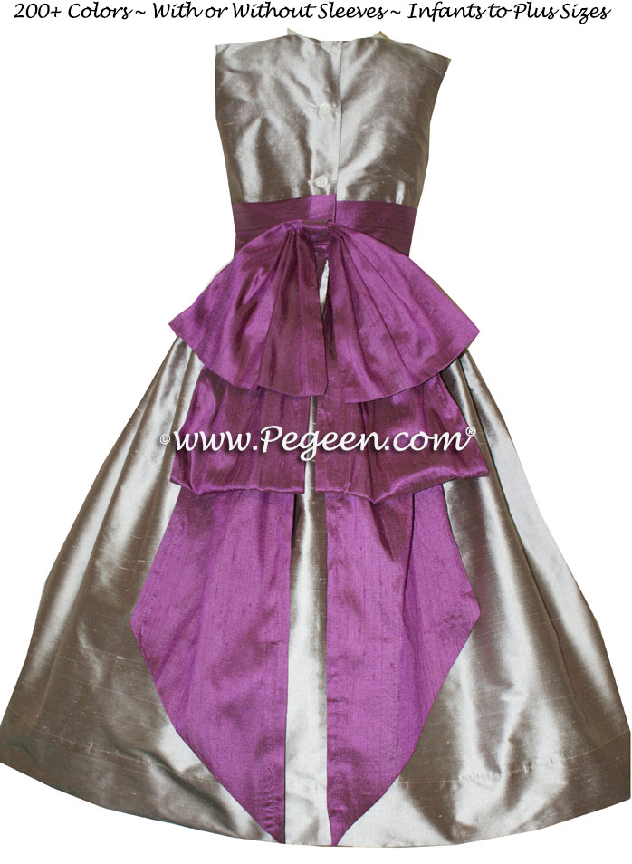Wolf Grey and Thistle (purple) silk flower girl dresses