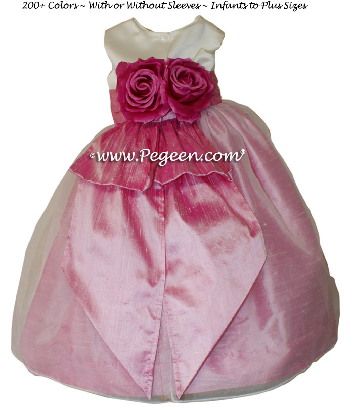 Rose Pink and Ivory Satin Flower Girl Dresses Style 350