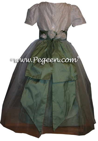 Celedon Green and White Silk Custom Flower Girl Dresses Style 313