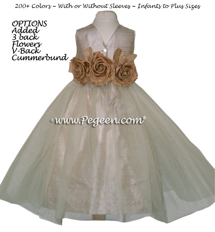 Toffee Silk and Tulle Flower Girl Dresses with added back flowers
