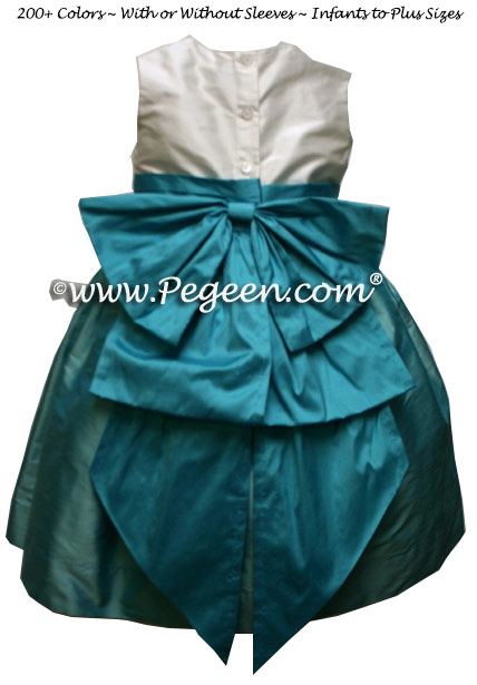 Antique White, Tiffany blue and turquoise silk infant Flower Girl Dress Style 345