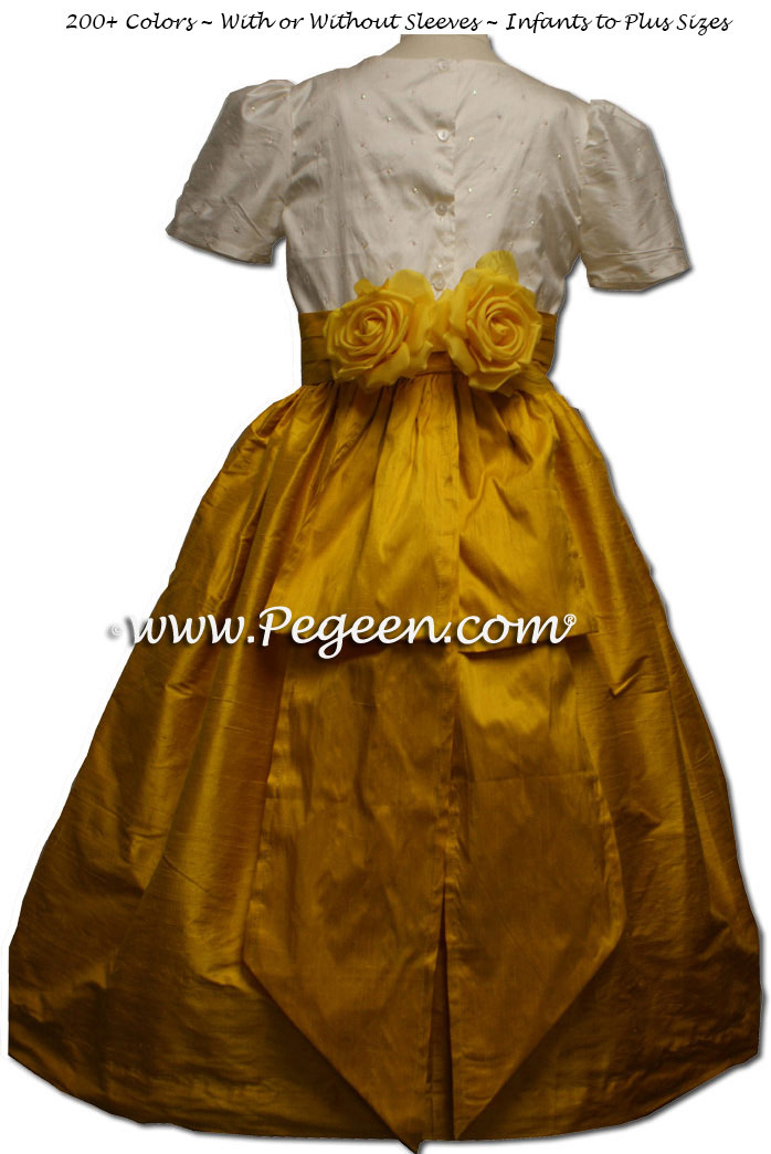 Flower girl dress in White Sequins and Mustard or Goldenrod Yellow Silk | Pegeen