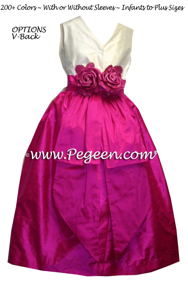 Boing or fuschia pink junior bridesmaids dress with diamond sequins and flowers