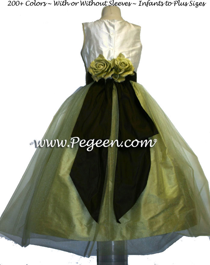 Ivory sequinned, celery green and chocolate brown Silk Flower Girl Dresses Style 313