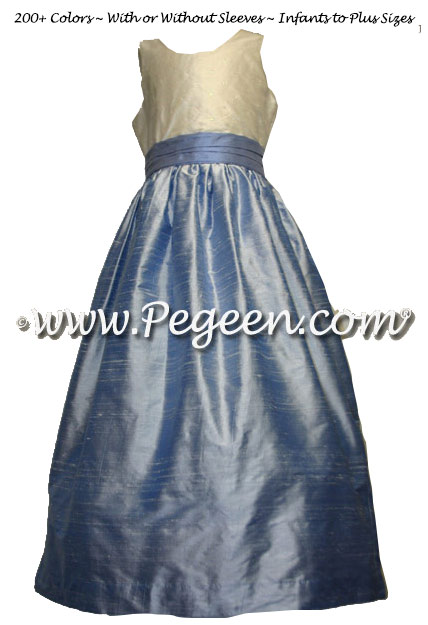 Ocean Blue and Denim Blue silk junior bridesmaids dress with Sequined Bodice and V-Back