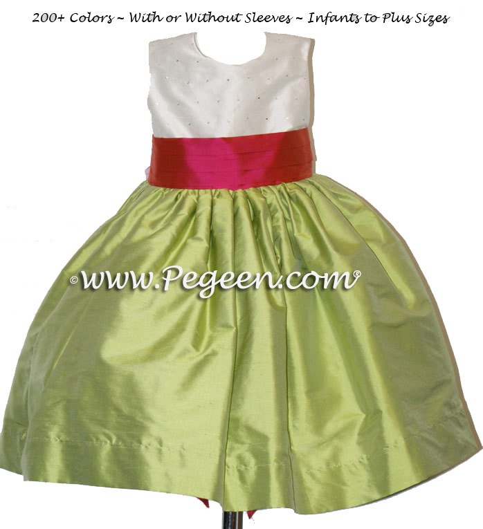 Sprite Green and Sorbet Pink and Sequined infant silk flower girl dress