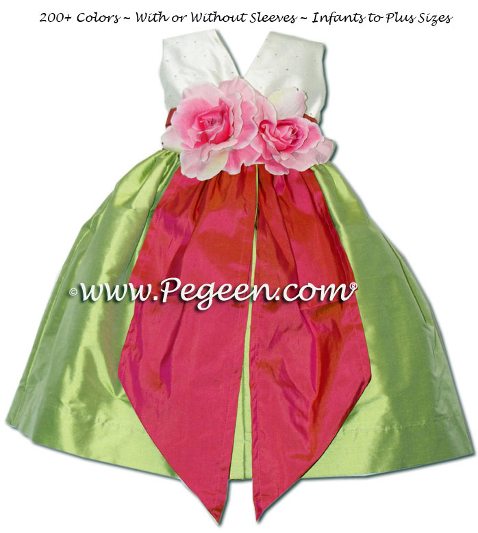 Sprite Green and Sorbet Pink and Sequined infant silk flower girl dress