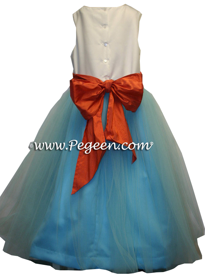 Orange and Bahama Breeze blue silk and tulle flower girl dress to match Ann Taylor