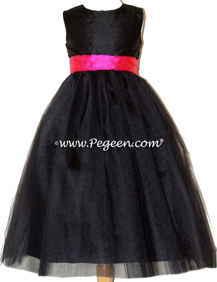 Style 356 in Black and shock pink silk and tulle flower girl dresses