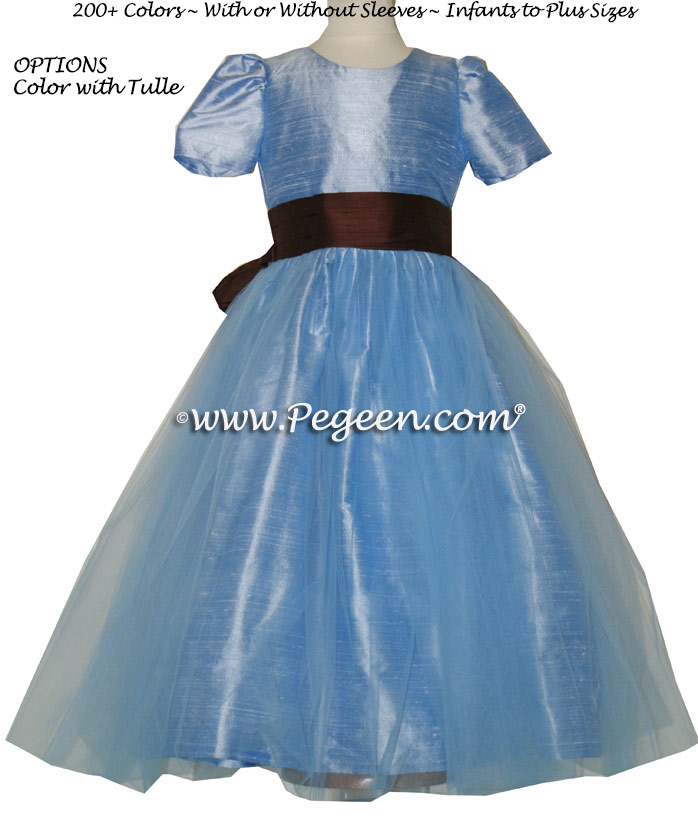 Denim Blue and Chocolate brown with Blue tulle dress - flower girl dresses