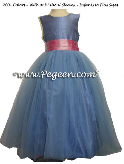 Rose Pink and French Blue Tulle Junior Bridesmaids Dress and Blue Tulle Skirt Style 356