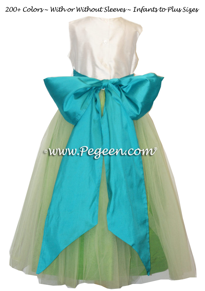 Green Tulle, Key Lime Green, New Ivory and Oceanic Blue Silk Flower Girl Dresses Green Tulle, Key Lime Green, New Ivory and Oceanic Blue Silk Flower Girl Dresses