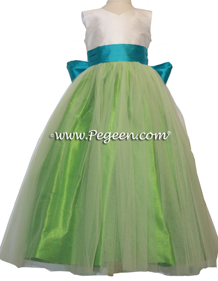 Green Tulle, Key Lime Green, New Ivory and Oceanic Blue Silk Flower Girl Dresses
