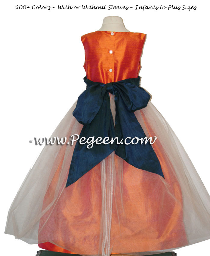 Orange and Navy Silk Tulle Flower Girl Dresses