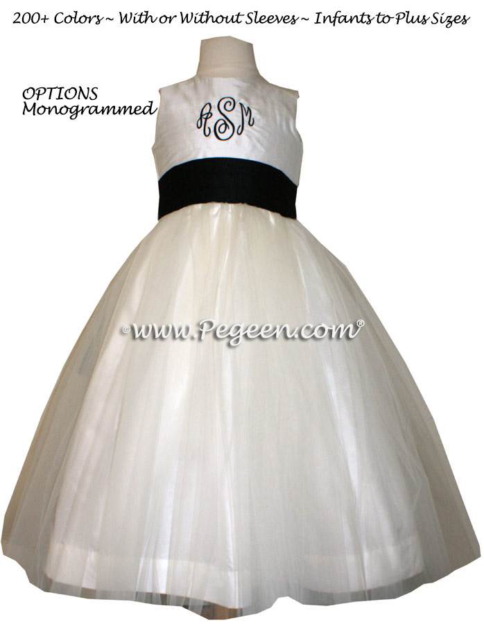 Monogrammed Flower girl dress in black and ivory silk and tulle | Pegeen