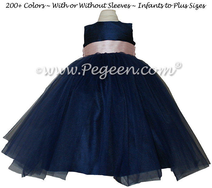 Petal Pink and Navy Ballerina Flower Girl Dresses With Navy Tulle