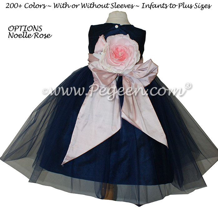 Petal Pink and Navy Ballerina Flower Girl Dresses With Navy Tulle