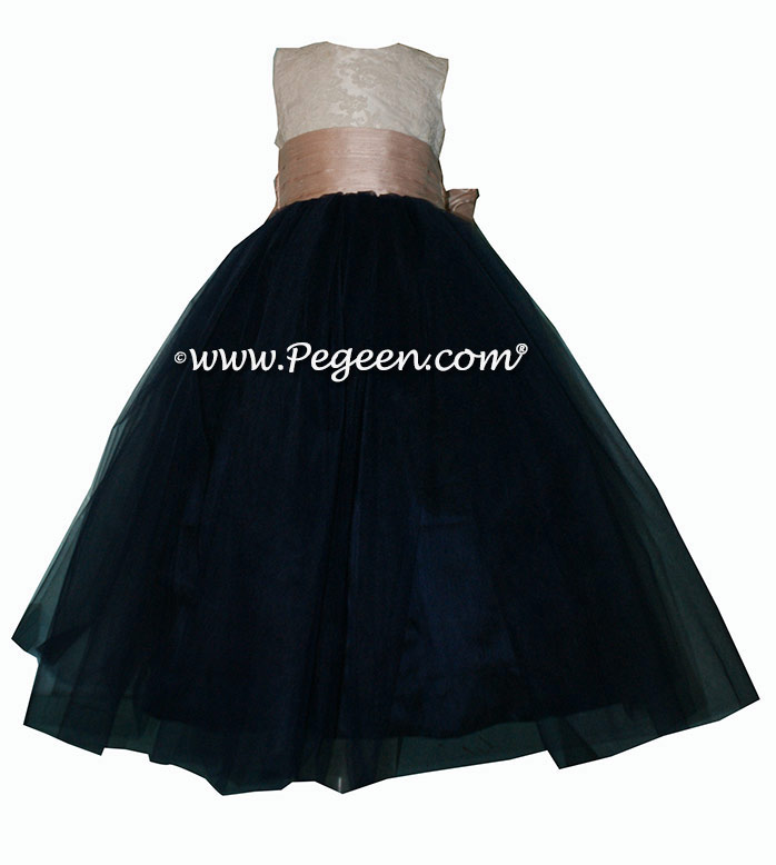Flower girl dress with lace bodice, navy tulle and pink sash  | Pegeen