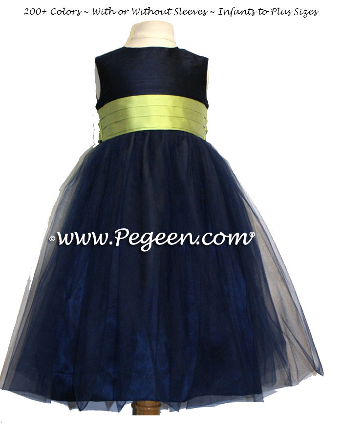 Sprite Green and Navy blue tulle flower girl dresses in Pegeen Classic Style 356