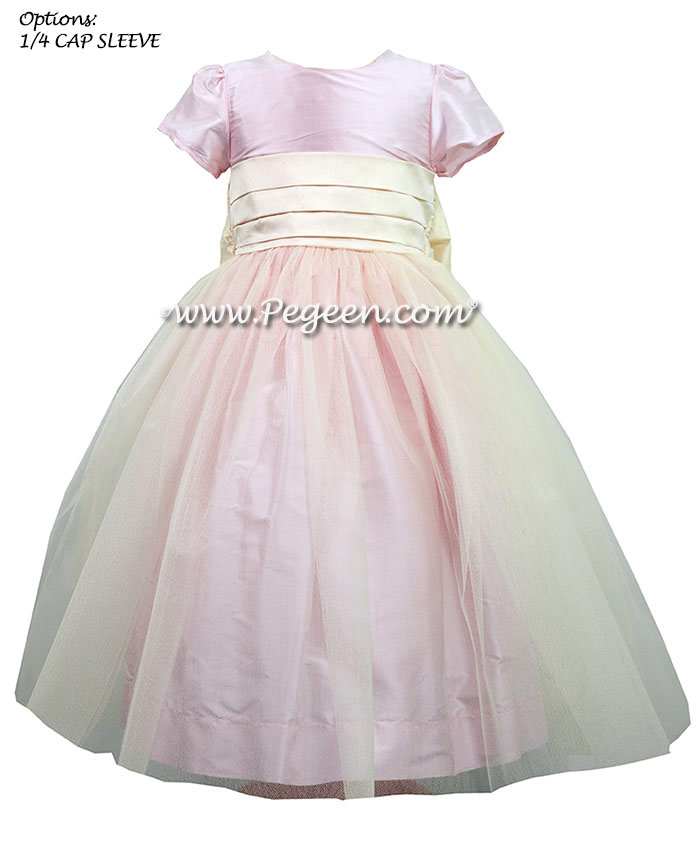 Silk flower girl dresses and Ring Bearer Suit in Pink  | Pegeen