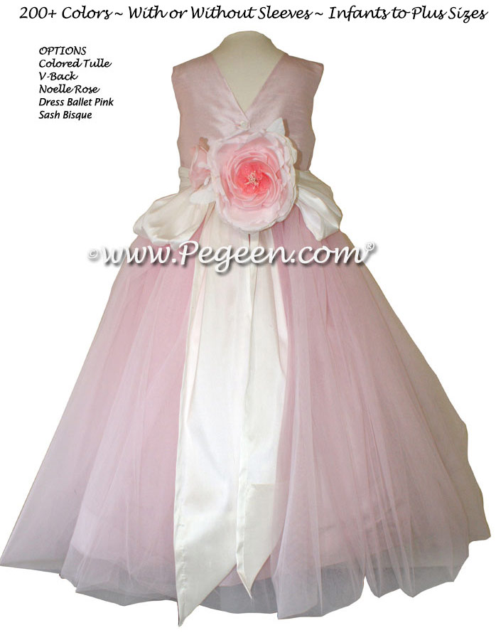 Ballet pink and Bisque Silk Flower Girl Dresses Style 356 in silk and tulle