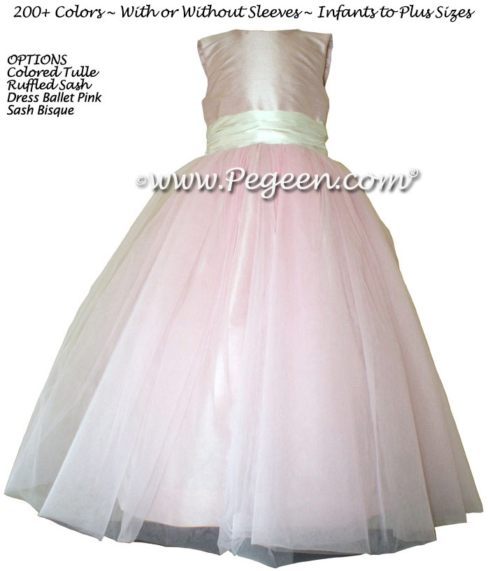 Ballet Pink and Bisque Silk Flower Girl Dresses Style 356 and ruffled sash