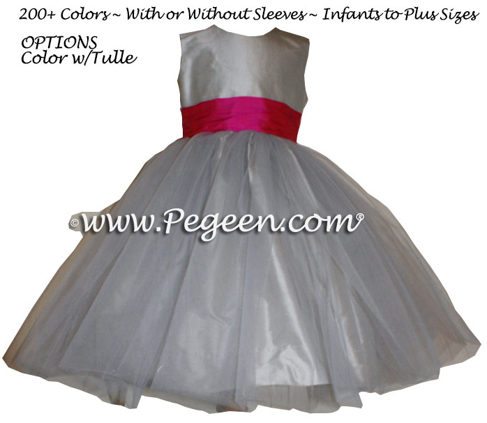 Flower Girl Dress in Platinum Gray and Cerise (hot pink) Silk | Pegeen