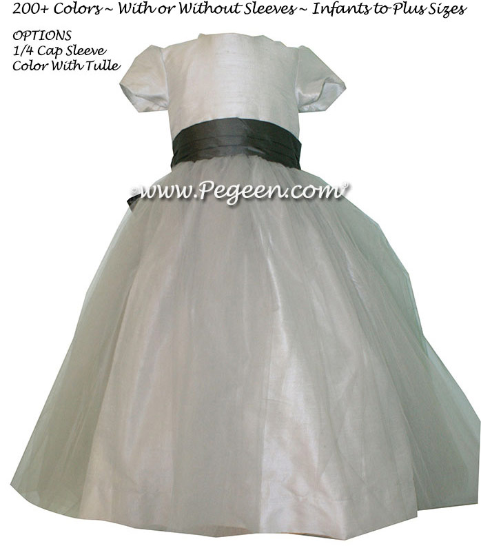 Custom Flower Girl Dress in Silk Platinum and Medium Gray | Pegeen