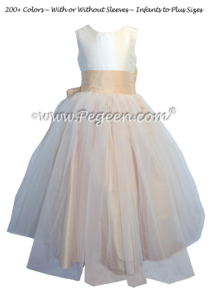 Flower Girl Dresses in New Ivory and Pure Gold Tulle