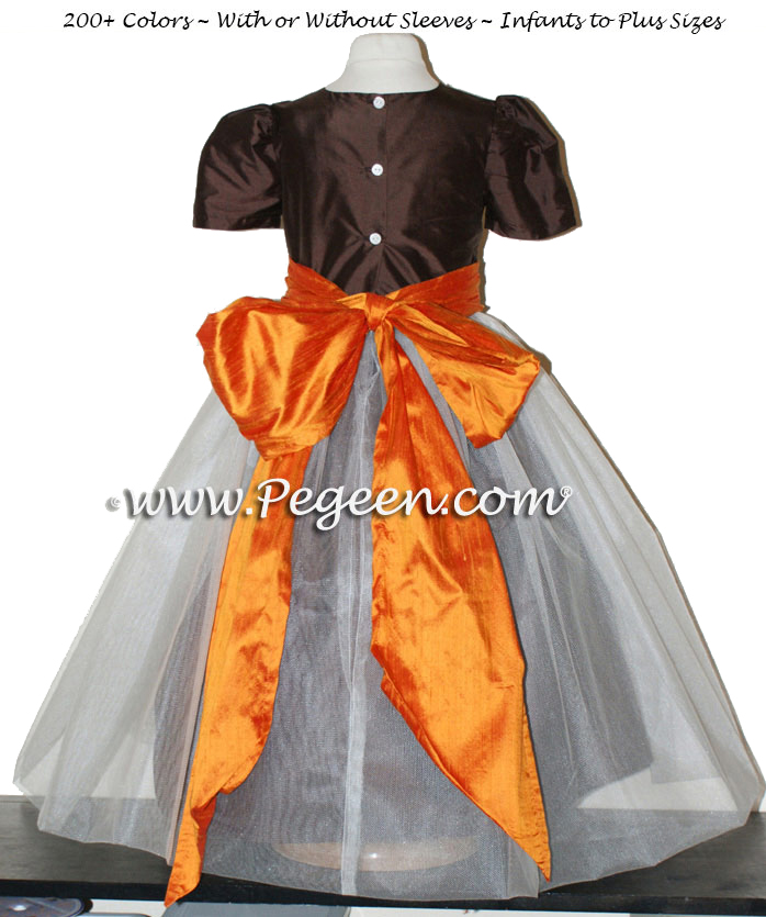Chocolate brown and pumpkin orange tulle ballerina silk flower girl dresses 