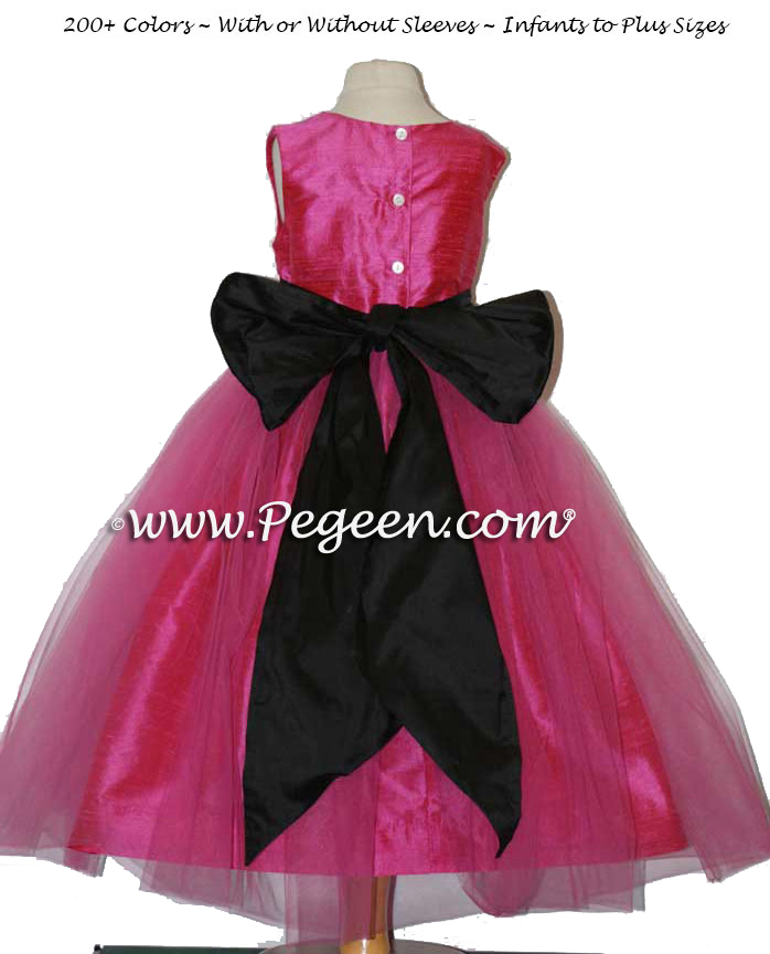 Shock Pink and Black Silk with Tulle Flower Girl Dress