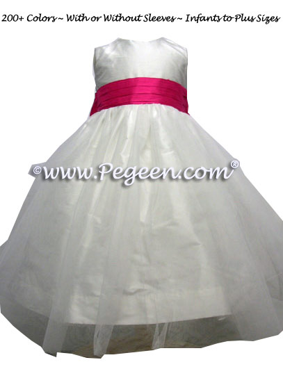 Hot pink Shock, Antique White and White Organza Flower Girl Dresses Style 359