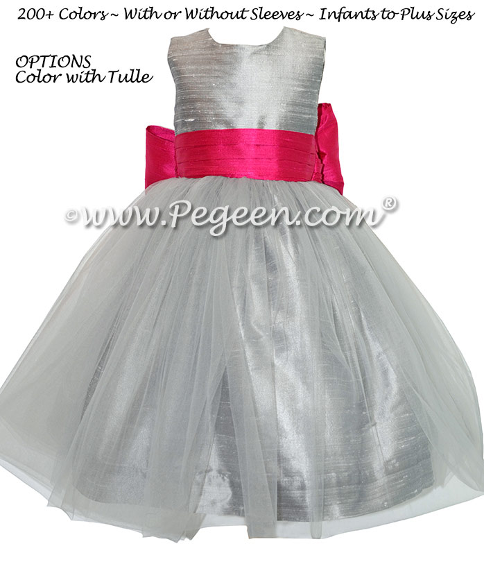 Silver Gray and Boing (Hot Pink) Flower Girl Dresses with Tulle