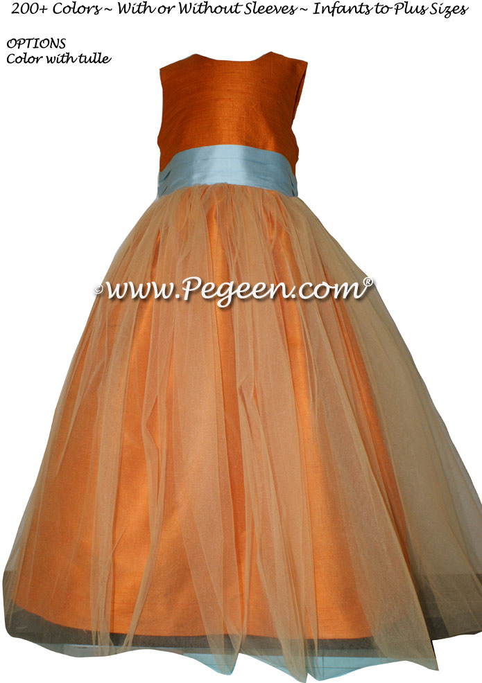 Tangerine and Spa Blue Tulle Flower Girl Dresses Style 356