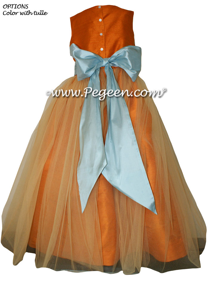 Tangerine and Spa Blue Tulle Flower Girl Dresses Style 356