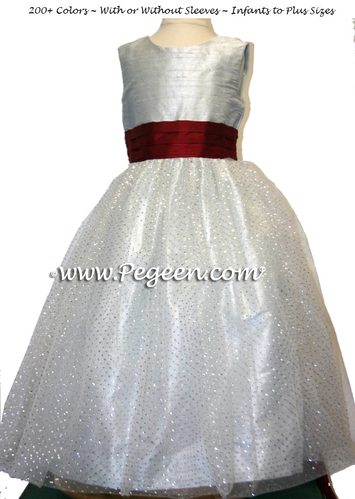 Flower girl dresses in platinum silver gray and cranberry red with sparkle silver tulle