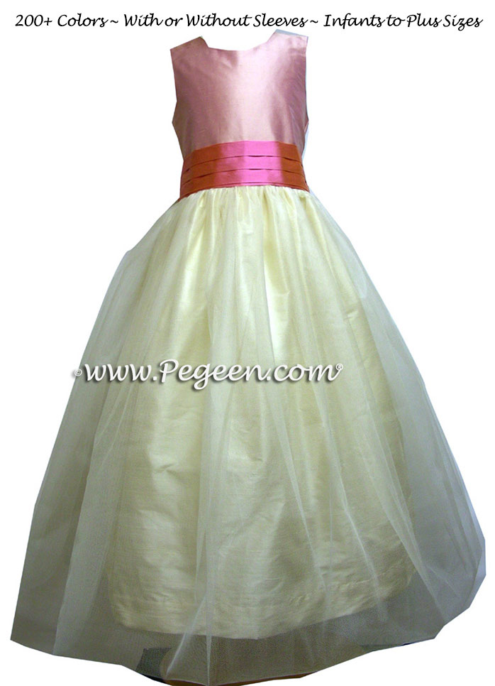Strawberry Pink and Buttercreme Cinderella Bow TULLE FLOWER GIRL DRESSES