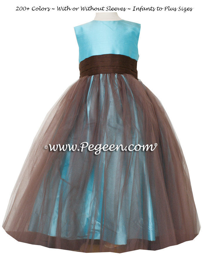  Flower girl dress Classics Style 356 in Tiffany blue silk with Chocolate Brown | Pegeen