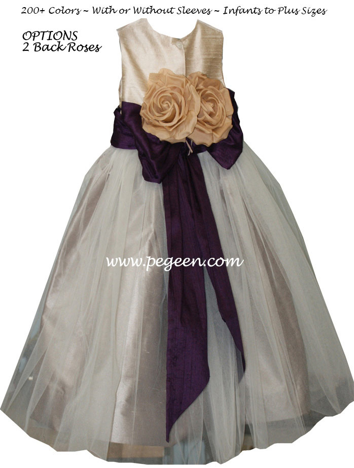 Toffee and Deep Plum tulle and silk Flower Girl Dress Style 313