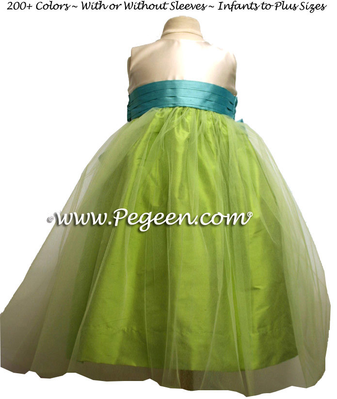 Bisque, Tiffany Blue And Apple Green Custom Flower Girl Dress | Pegeen Bisque, Tiffany Blue And Apple Green Custom Flower Girl Dress | Pegeen