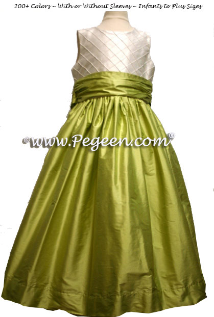 CITRUS GREEN FLOWER GIRL DRESSES WITH IVORY TRELLIS BODICE Style 307