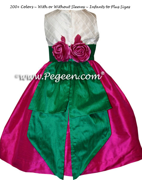 Raspberry Pink, Emerald Green and Ivory Pin Tuck Bodice custom flower girl dresses