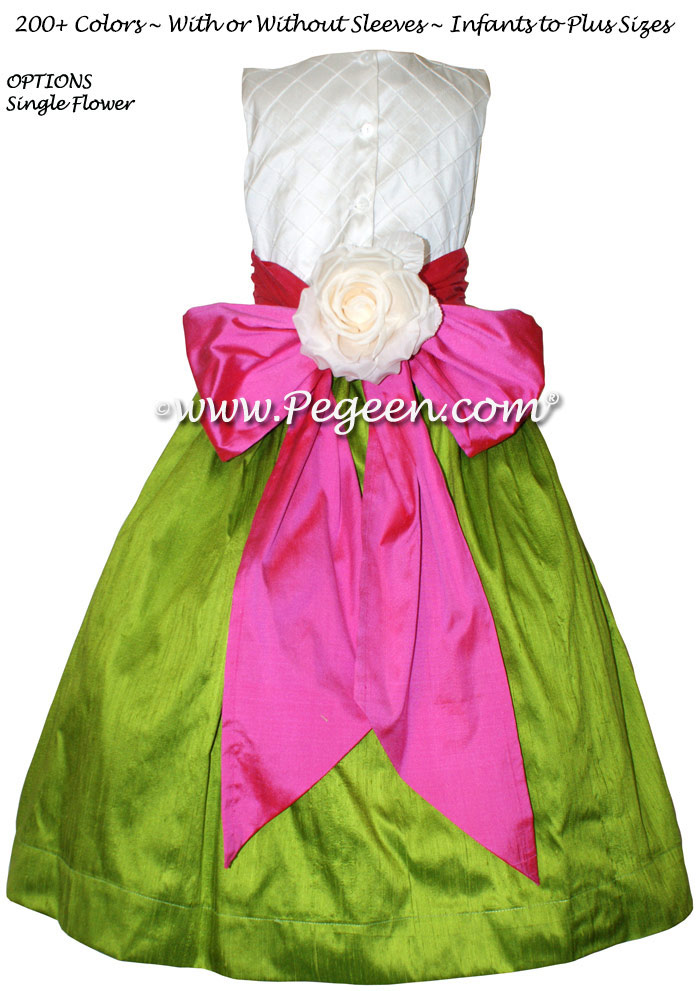 Grass Green, Shock Pink and Ivory Pin Tuck Bodice custom flower girl dresses