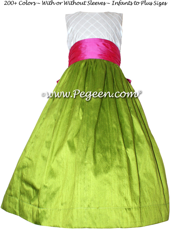Grass Green, Shock Pink and Ivory Pin Tuck Bodice custom flower girl dresses