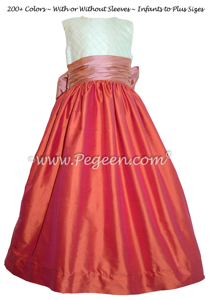 Orange, Coral Rose and Ivory Pin Tuck Bodice custom flower girl dresses